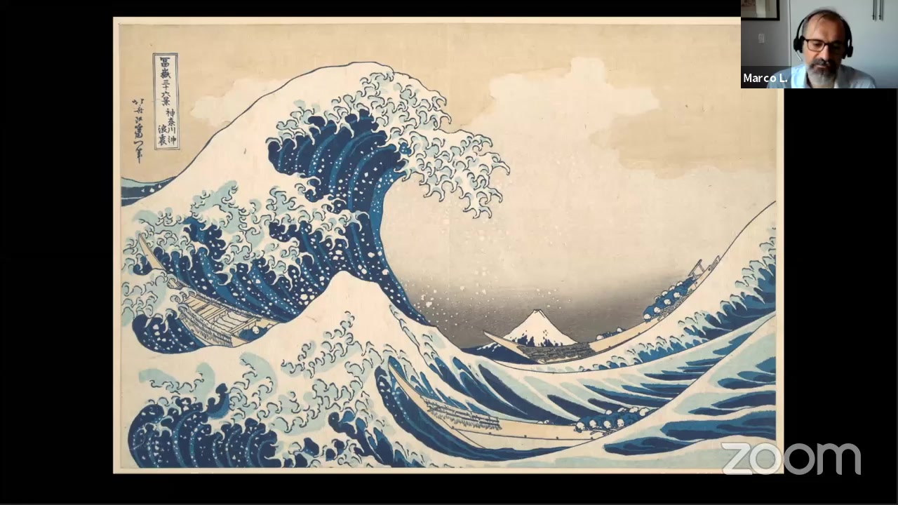 Image of a Zoom meeting featuring an image of The Great Wave off Kanagawa by the Japanese artist Katsushika Hokusai