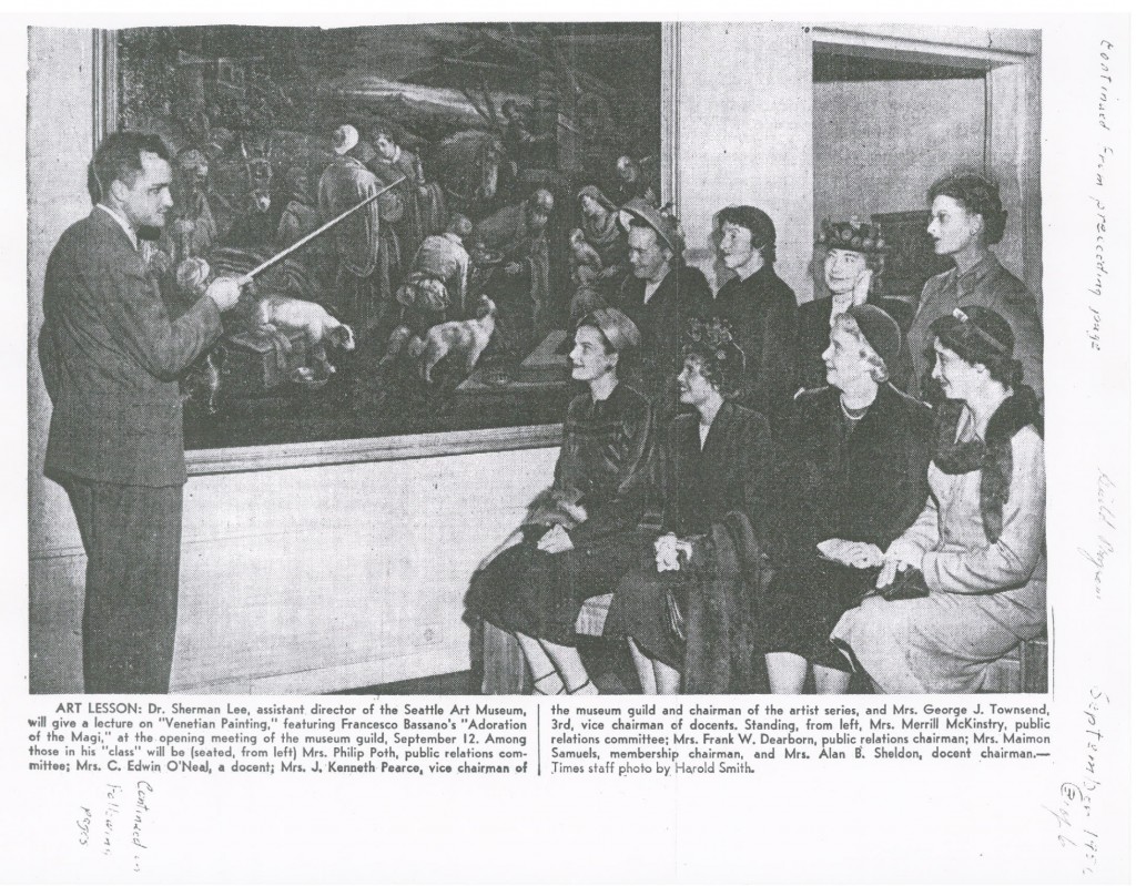 Newspaper clipping from SAM archives, showing Sherman Lee with museum docents, 1950