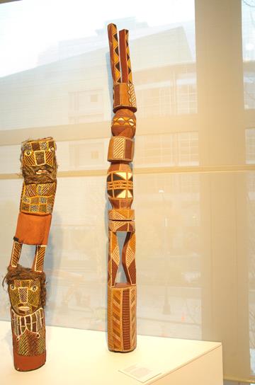 Pukamani pole, 1999, Leon Puruntatamari, Australian Aboriginal, Tiwi Islands, Melville Island, born 1949, natural pigments with fixative on ironwood, height 104 5/16in., Partial and promised gift of Margaret Levi and Robert Kaplan, in honor of the 75th Anniversary of the Seattle Art Museum, 2005.155, © Leon Puruntatamari. Currently on view in the Australian Aboriginal art gallery, Seattle Art Museum.