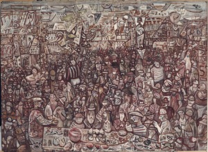 E Pluribus Unum, 1942, Mark Tobey, American, 1890 – 1976, opaque watercolor on paper mounted on paperboard, 19 3/4 x 27 1/4 in., Gift of Mrs. Thomas D. Stimson, 43.33, © Mark Tobey / Seattle Art Museum. Now on view in Modernism in the Pacific Northwest: The Mythic and the Mystical, fourth floor, Seattle Art Museum.