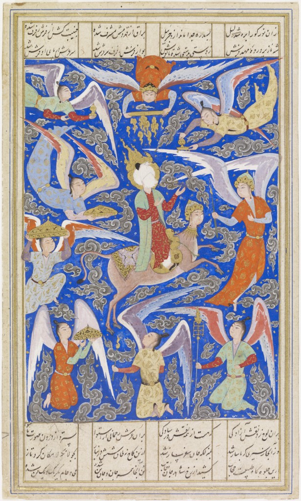 Muhammad's Ascent to Heaven (Miraj), 16th century, Persian (modern Iran), Safavid period (1501-1722), opaque watercolor and gold on paper, 9 3/16 x 5 3/8 in., Eugene Fuller Memorial Collection, 47.96. Not currently on view, but accessible online (link below).