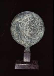 Mirror with scene of the Judgment of Paris, 4th-3rd century B.C., Etruscan, `bronze, 10 3/8 x 7 in., Eugene Fuller Memorial Collection, 48.36. Currently on view the Ancient Mediterranean and Islamic Art galleries, 4th floor, Seattle Art Museum.