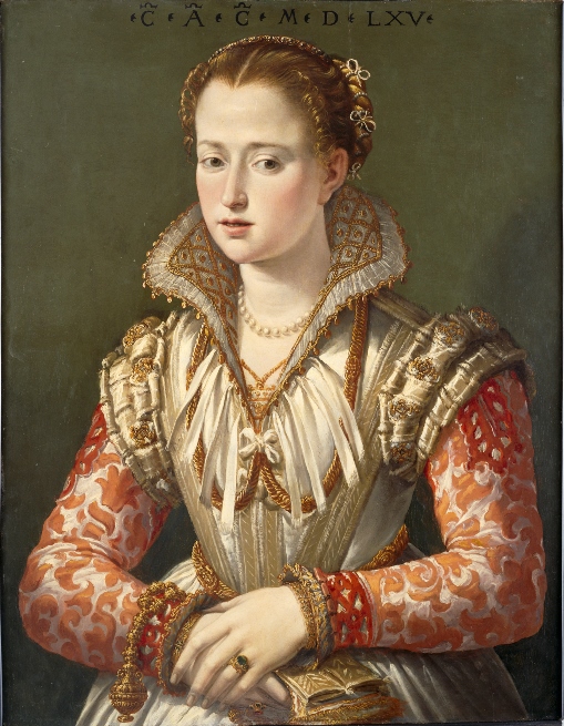 Portrait of a Young Woman “C A C,” dated 1565, attributed to Scipione Pulzone, Italian, 1540/42–1598, oil on wood panel, 7 1/2 x 21 3/8 in., Samuel H. Kress Collection, 61.153