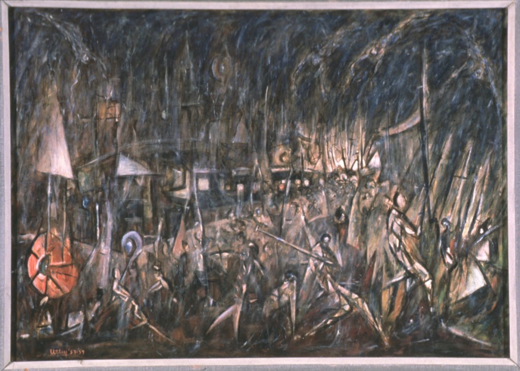 Battle of the Spirits in the Piazza Navona, 1953-54, Windsor Utley, American, 1920-1989, oil on Masonite, image 36 x 52 in., Gift of the artist, by exchange, 89.8, © Windsor Utley
