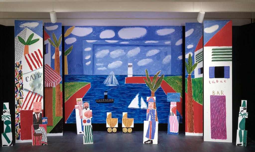 Largescale painted environment with separate elements based on Hockney’s design for Les Mamelles de Tiresias