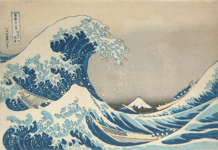 In the Well of the Great Wave off Kanagawa (Kanagawa-oki nami-ura) Series: Fugaku sanjûrokkei (Thirty-six Views of Mt. Fuji), 1830-33, Katsushika Hokusai, Japanese, 1760 – 1849, Polychrome woodblock print on paper, 10 3/16 x 14 15/16in. Promised gift of Mary and Allan Kollar, in honor of the 75th Anniversary of the Seattle Art Museum.