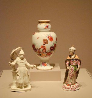 Objects left to right: Figure, ca. 1760s, soft paste porcelain, Spanish, Buen Retiro, 8 x 4 5/8 x 3 1/4 in., Dorothy Condon Falknor Collection of European Ceramics, 87.142.75; Vase, 1730 - 35, hard paste porcelain with enamel colors, luster and gilding, German, Meissen, 9 5/8 in. Diam.: 2 1/2 in. Girth: 16 1/4 in., Gift of Martha and Henry Isaacson, 69.205; Figure, ca. 1775, hard paste porcelain with enamel colors and gilding, German, Limbach, model by Caspar Jensel, 7 7/8 x 3 in., Gift of Martha and Henry Isaacson, 76.126. Photo: Natasha Lewandrowski