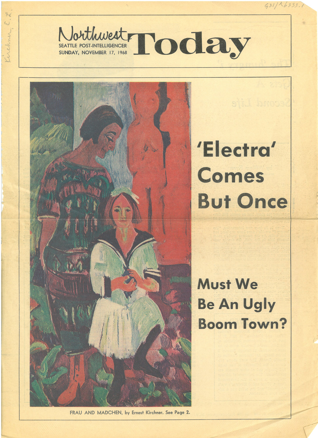 November 17, 1968, Seattle Post-Intelligencer’s Northwest Today with a color reproduction of Woman and Girl (Frau und Mädchen)