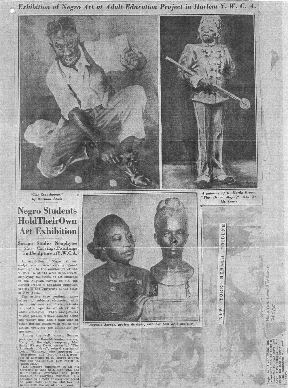 Newspaper clipping featuring "Gwendolyn Knight" by Augusta Savage
