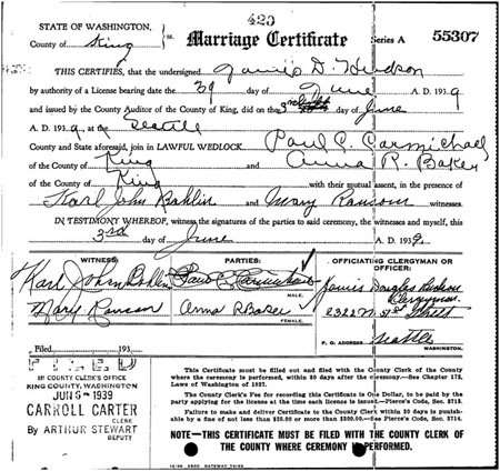 Marriage certificate for Anna Richards Baker and Paul C. Carmichael