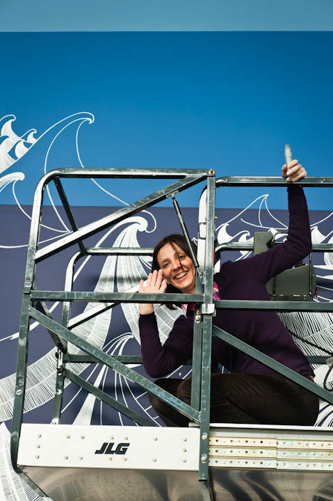 Artist Sandra Cinto at work on her installation "Encontro das Águas" at the Seattle Art Museum's Olympic Sculpture Park