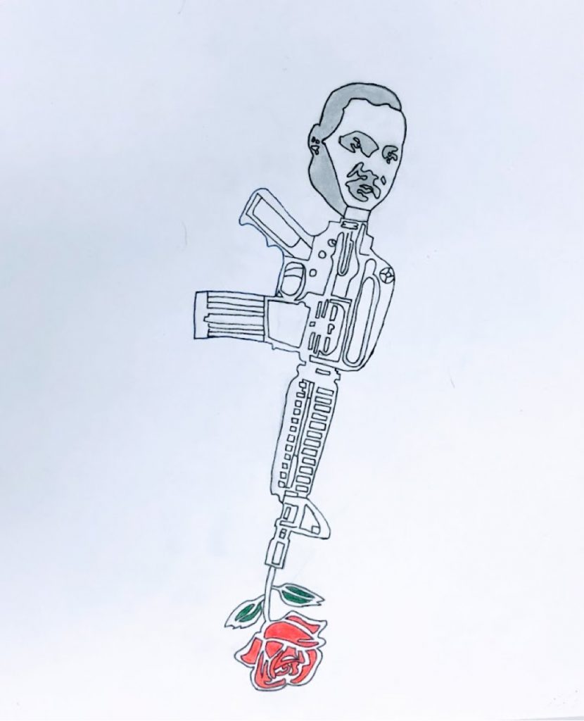 image of a line drawing of gun, with the top being the head of  Martin Luther King, Jr. and a rose coming out of the end